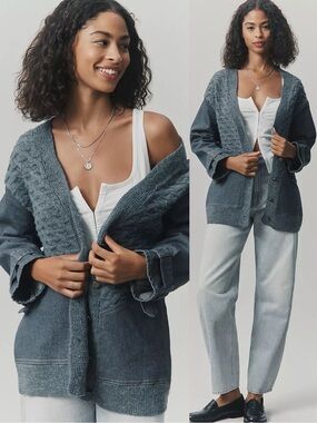 NWT Anthropologie Pilcro Denim Mixed Media Cardigan Sweater Grey